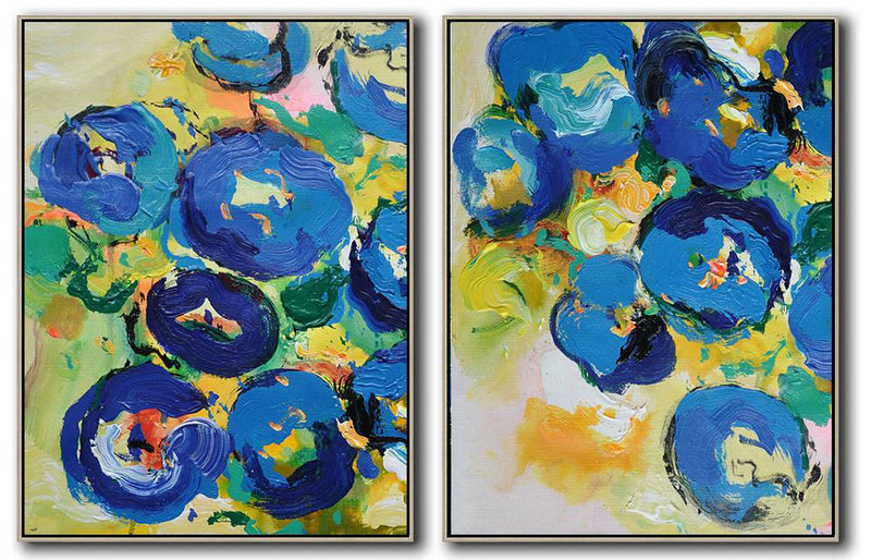 Handmade Large Contemporary Art,Set Of 2 Abstract Flower Painting On Canvas,Large Contemporary Painting,Yellow,Blue,Green.etc